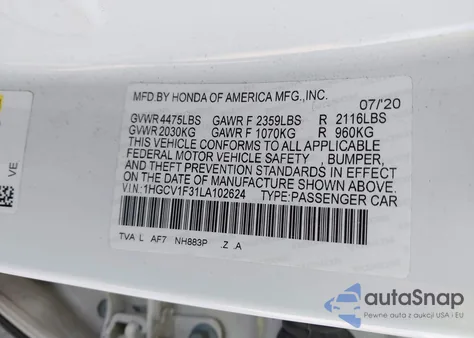 2020 Honda Accord Sport из США, поврежденный, VIN 1HGCV1F31LA102624